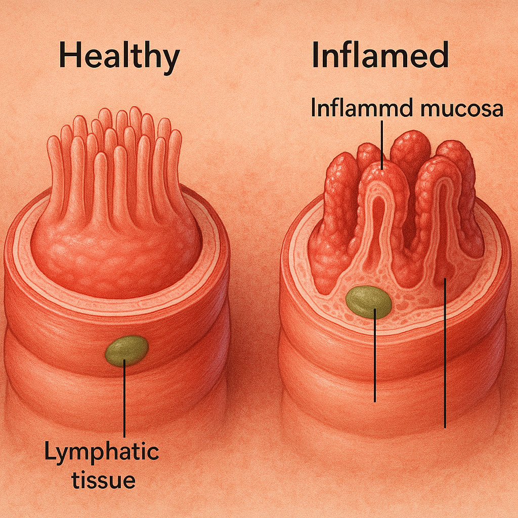 Is It Just Indigestion? Or Could It Be Crohn’s Disease? 5 Side-by-side comparison of healthy vs inflamed small intestine cross-sections